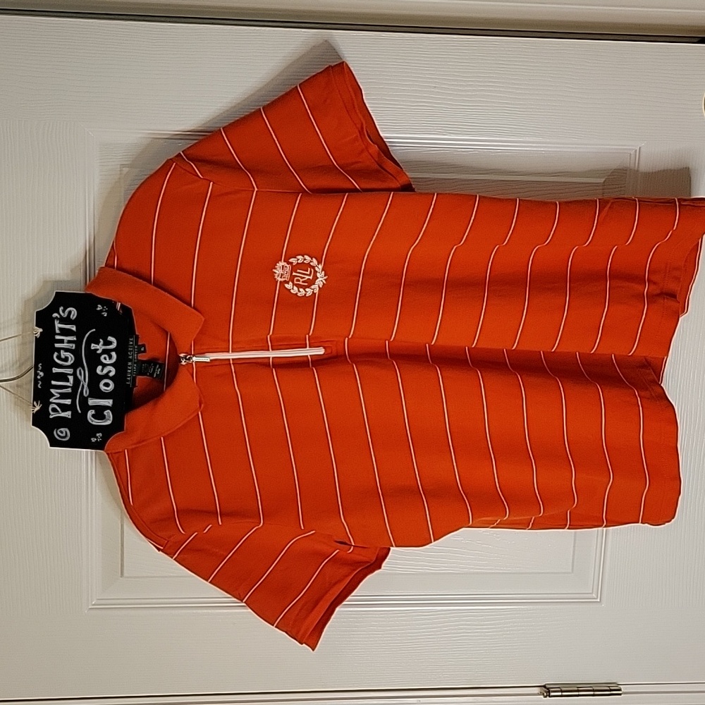 Lauren Active Polo XL Short Sleeve Orange White Stripe Zip Up